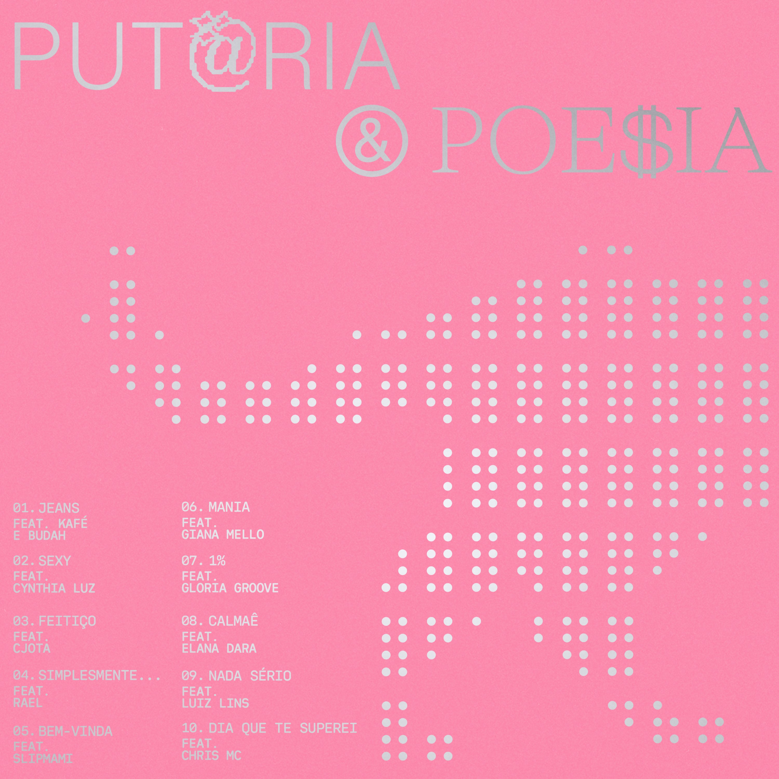 Contracapa rosa da mixtape PUT@RIA & POE$IA com o título e a tracklist das 10 faixas